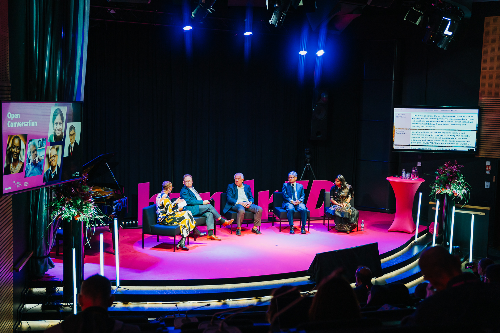 Panel discussion. Host Denise Wall, Juhana Vartiainen, Lant Pritchett, Kunal Sen and Varsha Pillai. Photo: HundrED.