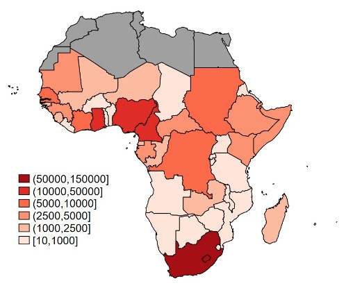 Figure 2: Confirmed COVID-19 cases in sub-Saharan Africa, 22 June 2020