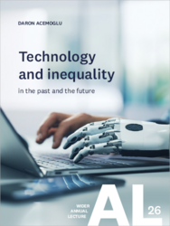 Technology and inequality in the past and the future -publication cover. Features a laptop and pair of hands of which one is a robot hand.